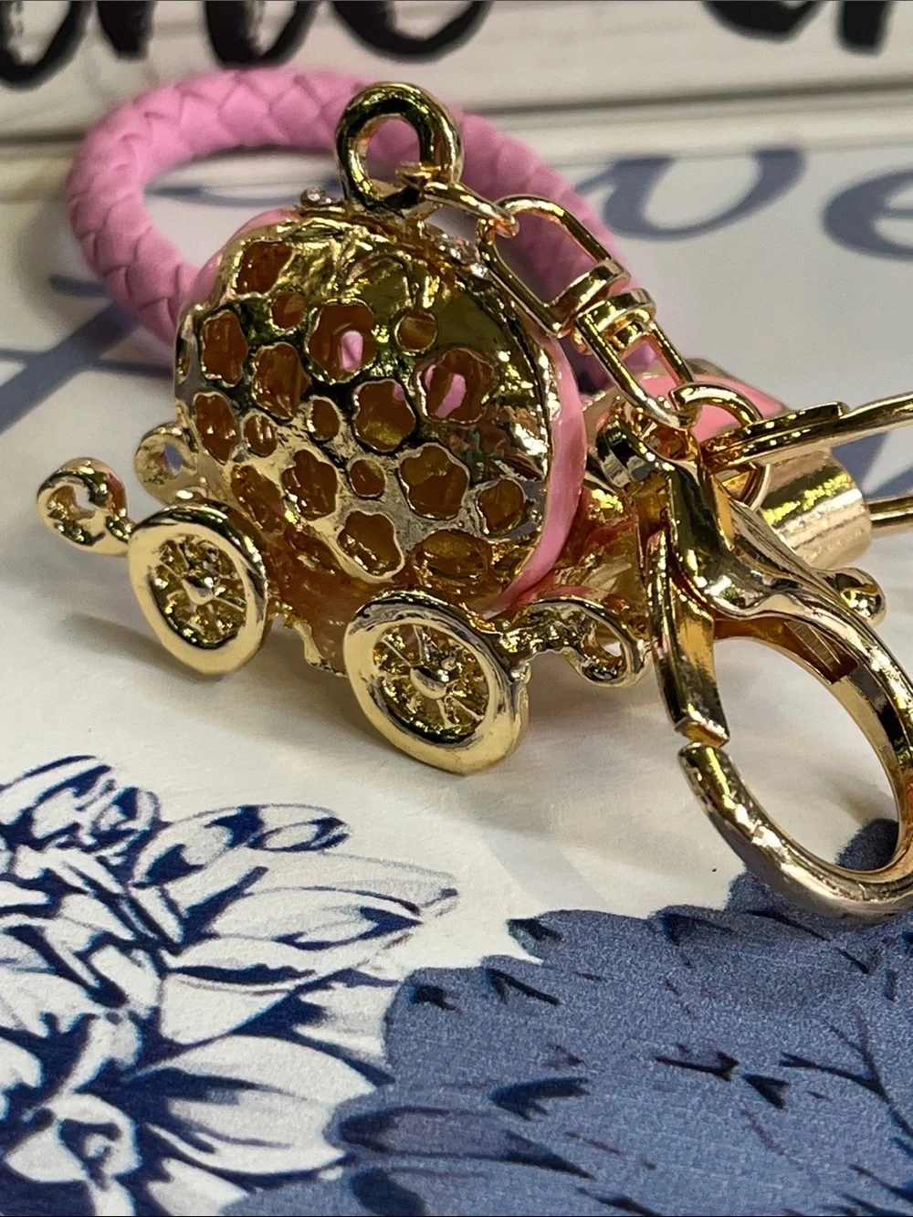 Pink Braided Strap Keychain with Gold Carriage Charm